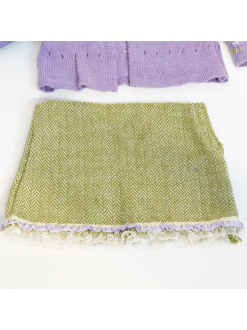 American Girl Doll Go Anywhere Outfit Lavender Cardigan Green Herringbone Skirt - Picture 4 of 5